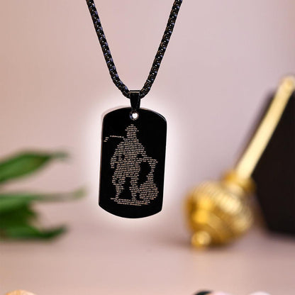 RudraPrana™ Hanuman Chalisa Engraved Divine Protection Pendant showcasing Lord Hanuman on a dog-tag style necklace.