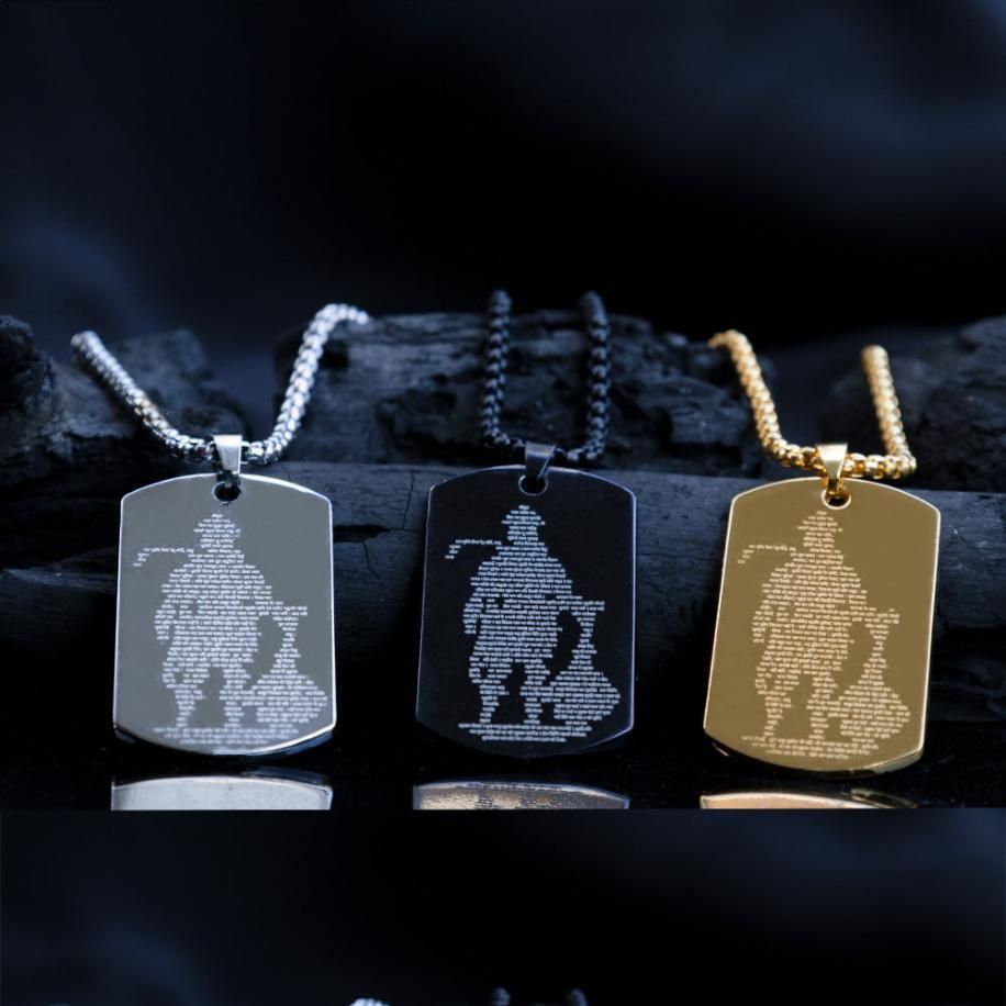 RudraPrana™ Hanuman Chalisa Engraved Divine Protection Pendant in silver, black, and gold finishes on a dark background.