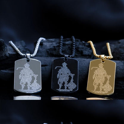 RudraPrana™ Hanuman Chalisa Engraved Divine Protection Pendant in silver, black, and gold finishes on a dark background.