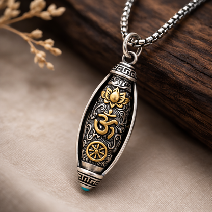 RudraPrana™ Om Engraved Spiritual Protection Pendant Necklace showcasing intricate sacred engravings on a metallic finish.