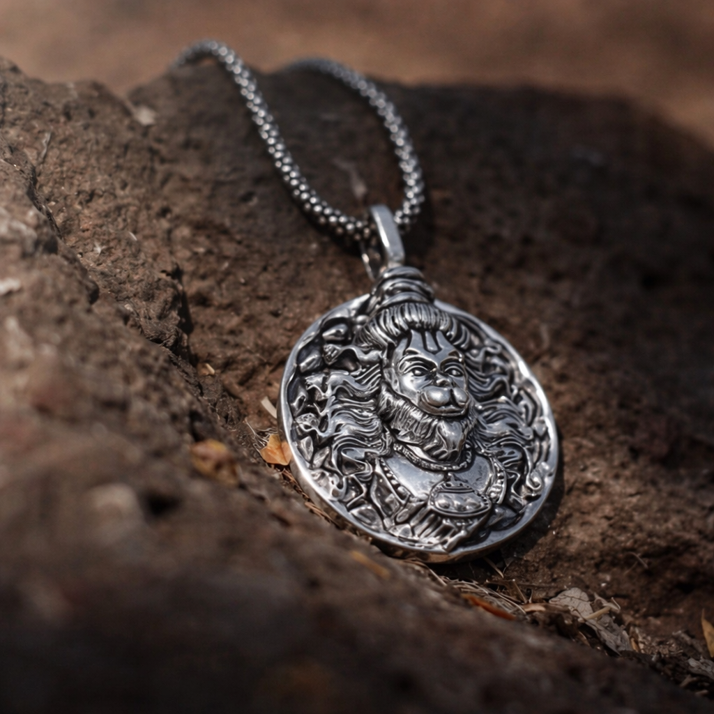 RudraPrana™ Mahadev Divine Protection Pendant Necklace featuring an embossed image of Lord Shiva on a silver chain.