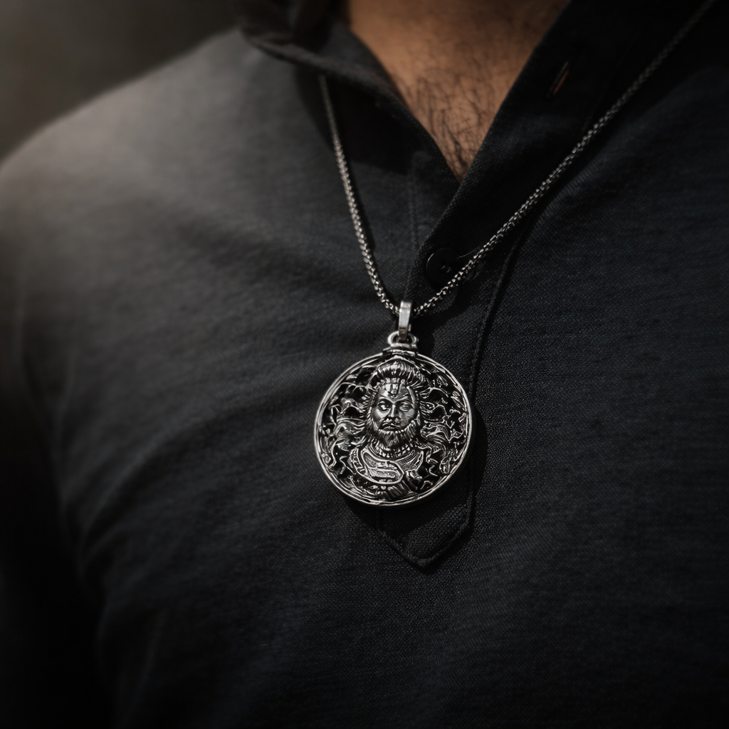 RudraPrana™ Mahadev Divine Protection Pendant Necklace worn by a person showcasing its detailed design.