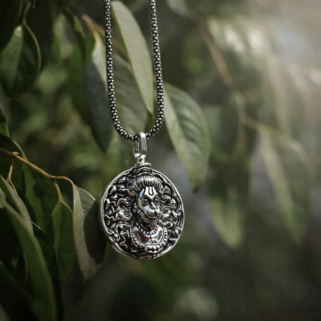 RudraPrana™ Mahadev Divine Protection Pendant Necklace on a chain, featuring detailed embossing of Lord Shiva.