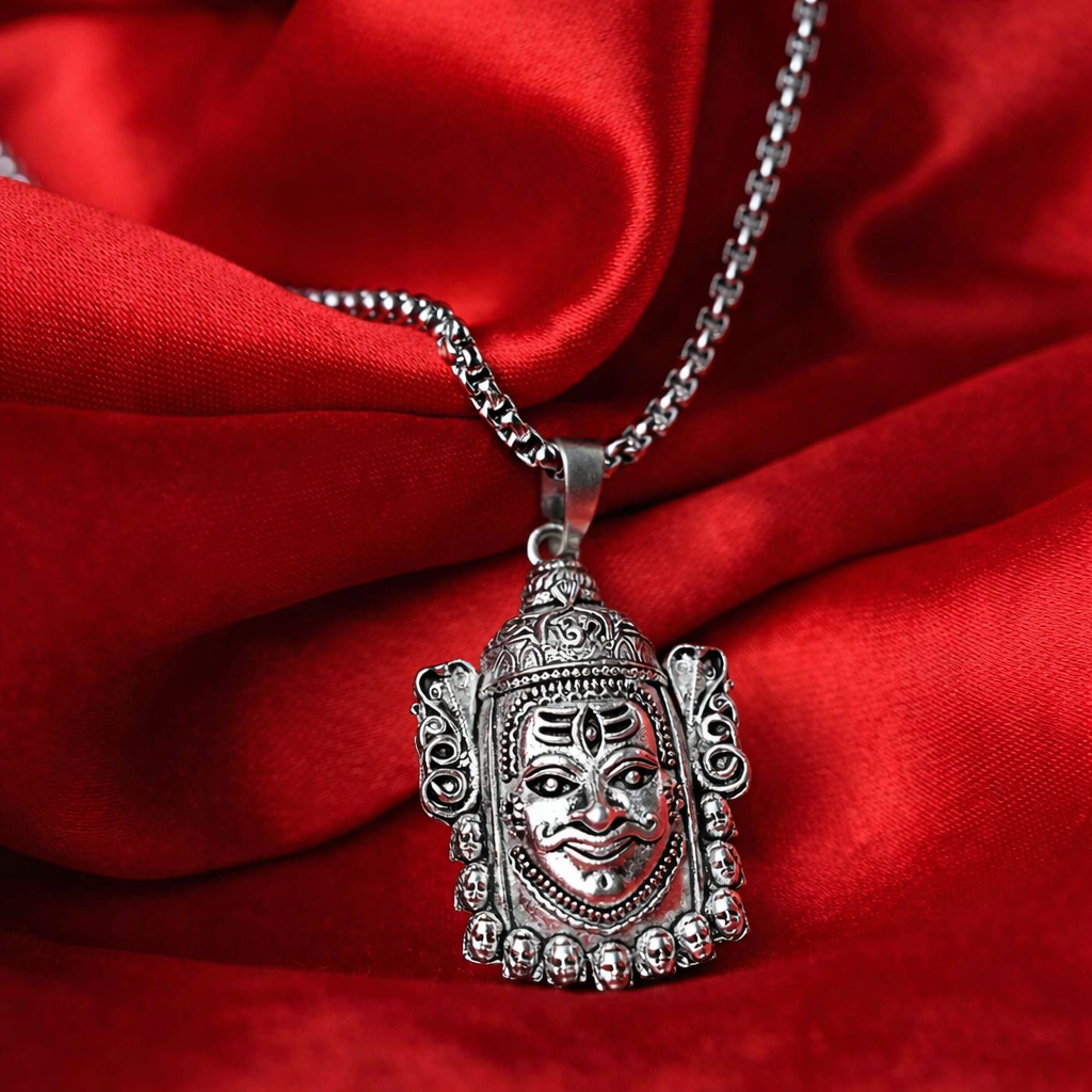 RudraPrana™ Panchmukhi Hanuman Divine Strength Pendant Necklace on red fabric.