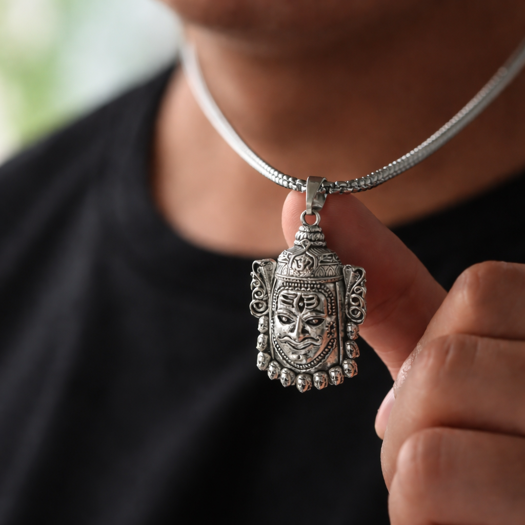 RudraPrana™ Panchmukhi Hanuman Divine Strength Pendant Necklace featuring intricate five-faced design.